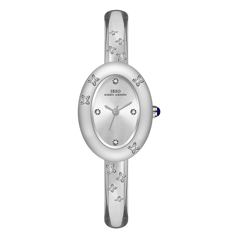 Celestial Oval Bangle Watch — White / Silver-tone