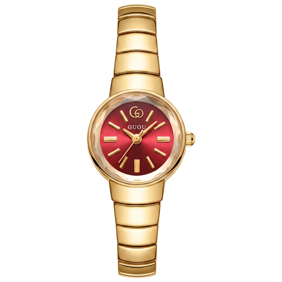 Sculpted Round Bracelet Watch — Red / Gold-tone