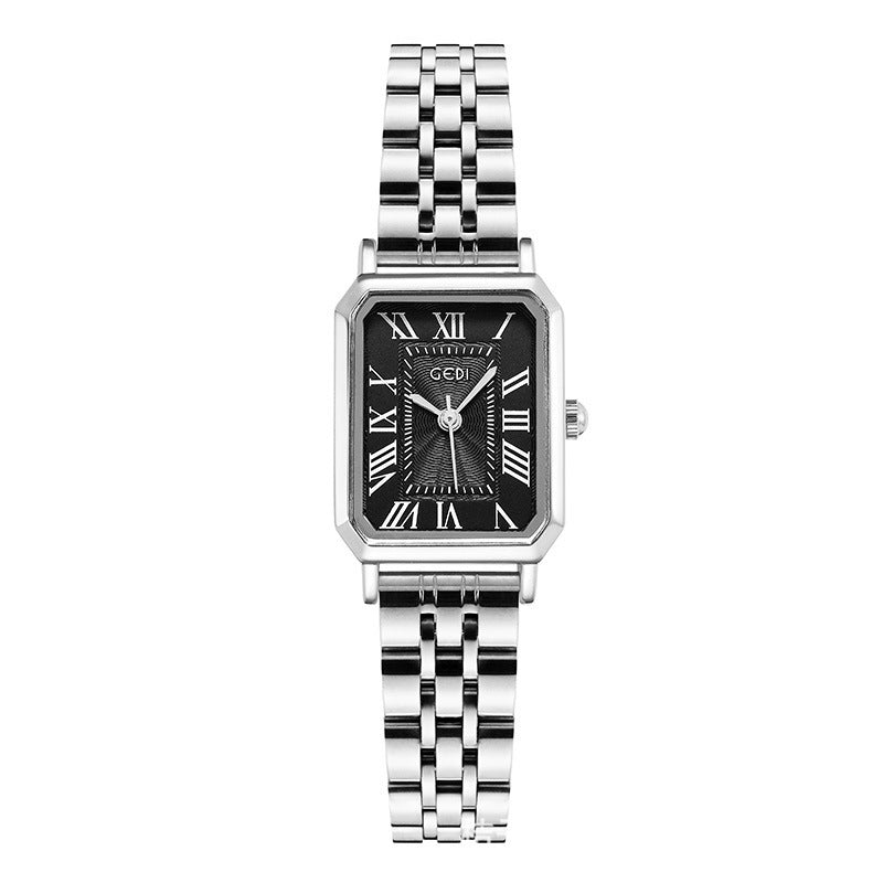 Roman Rectangle Watch – Black Dial Silver-Tone — Black / Silver-tone