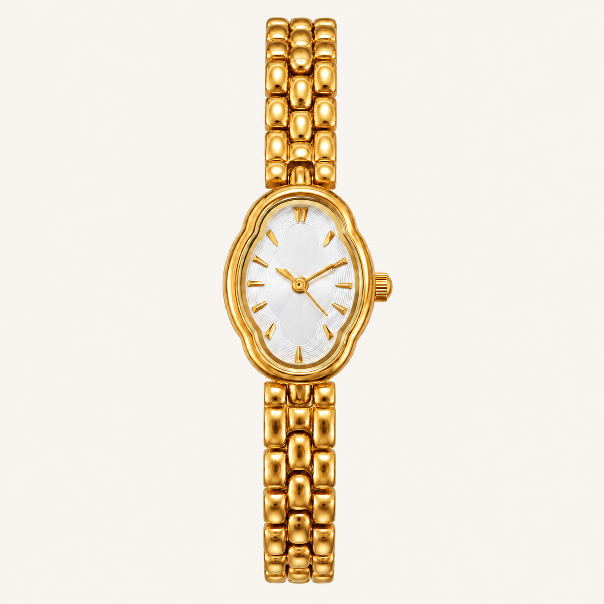 Scalloped oval watch with white dial and gold-tone bracelet