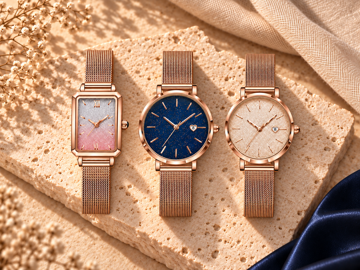 NELORA Starry watches on warm travertine, desktop collection banner