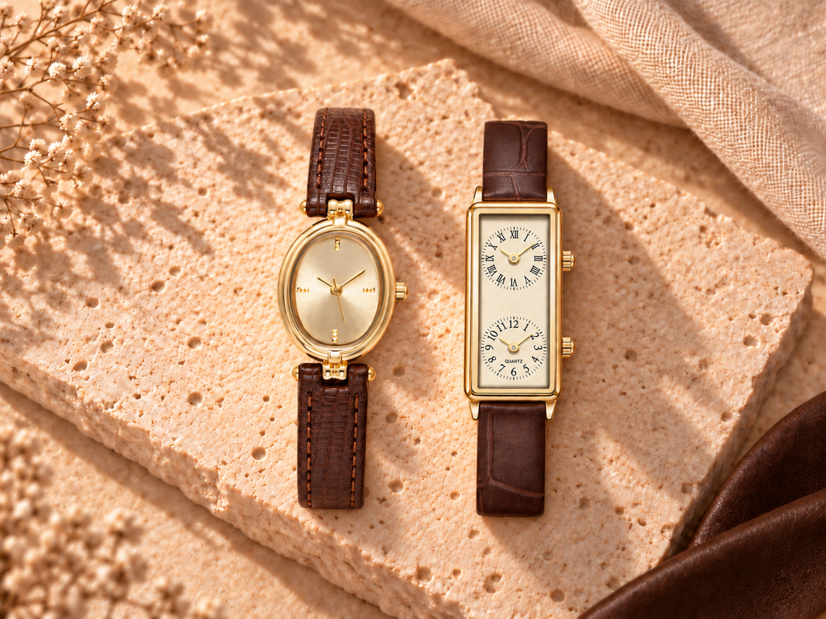 NELORA Vintage watches on warm travertine, desktop collection banner